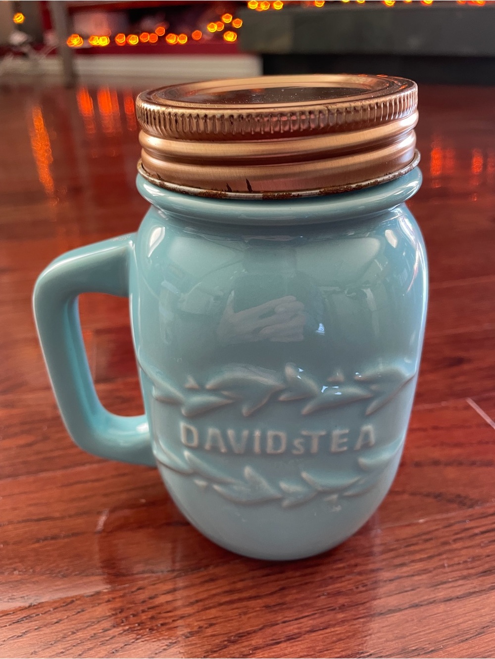 David’s Tea Ceramic Light Pastel Blue Mason Jar style Mug (with Tea Infuser)